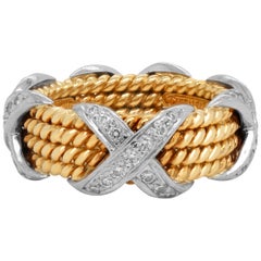 Tiffany & Co. Schlumberger 18 Karat Gold Platinum Diamonds Rope Four-Row X Ring