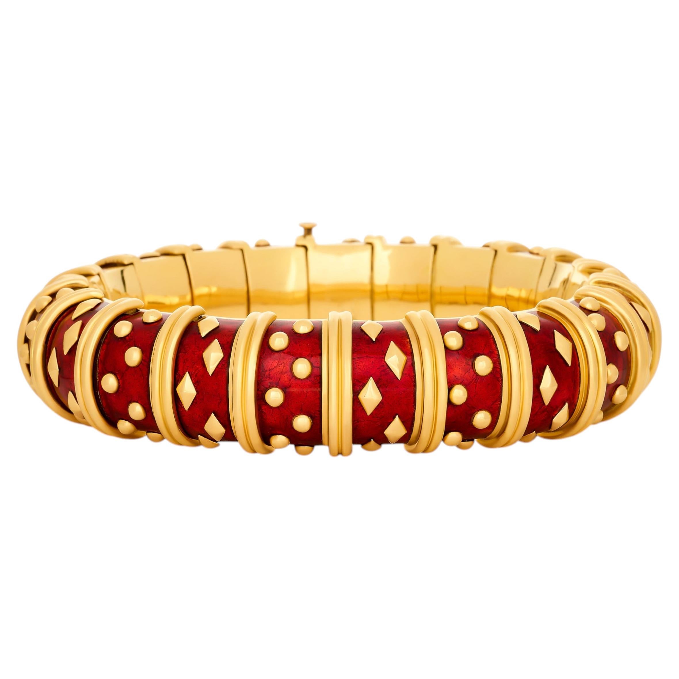 Tiffany & Co. Schlumberger 18 Karat Yellow Gold Red Enamel Bracelet
