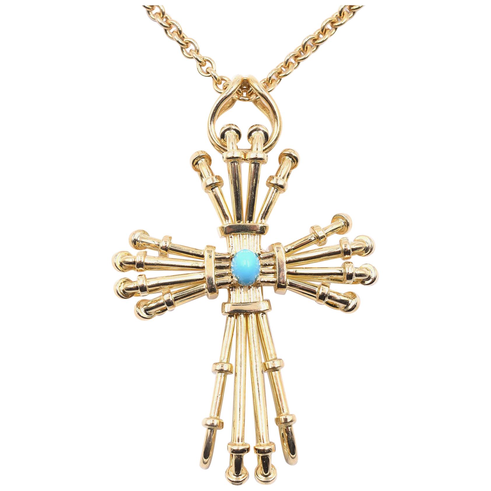 Tiffany & Co. Schlumberger 18 Karat Yellow Gold Turquoise Wire Cross Necklace