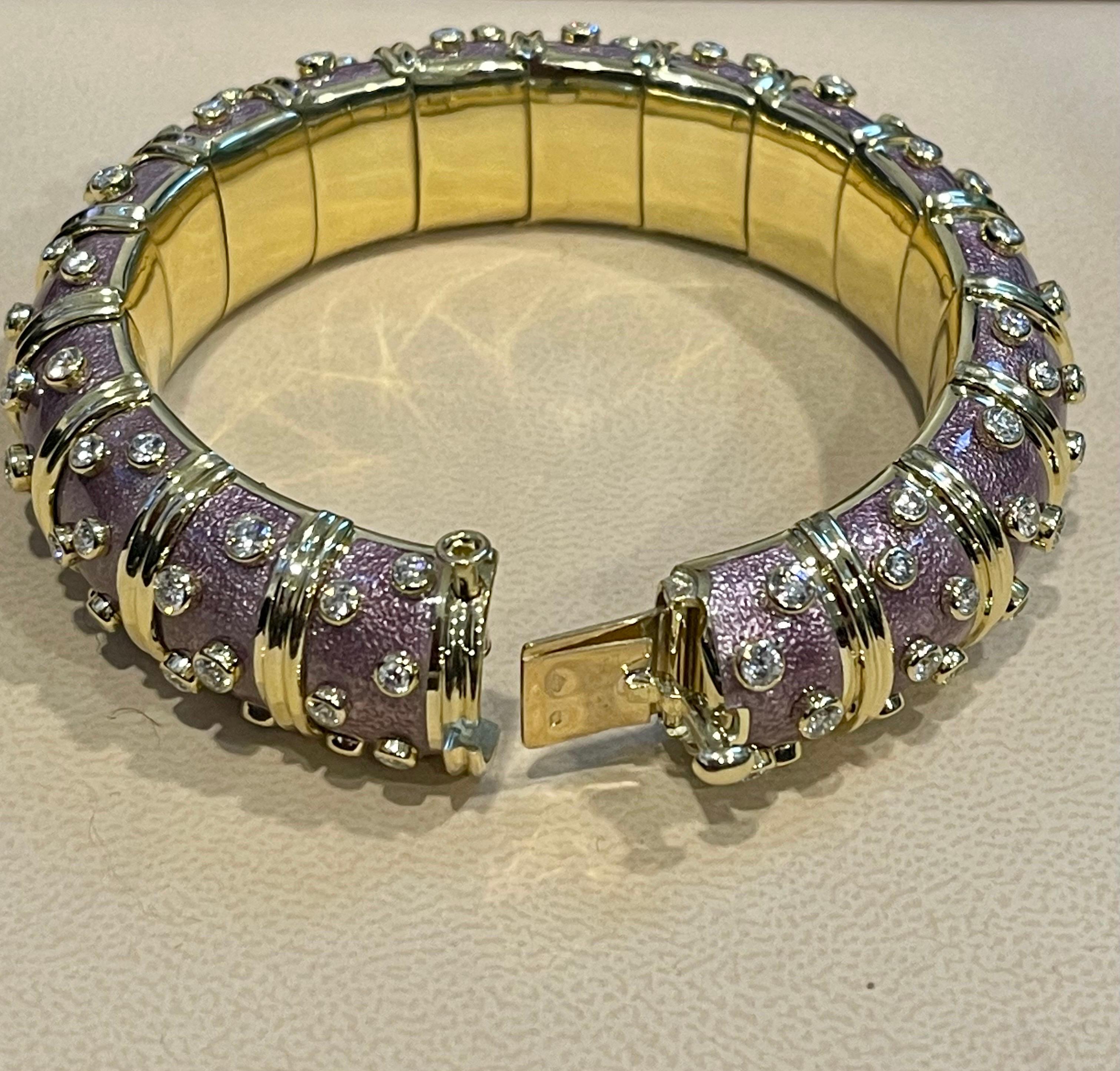 Tiffany & Co. Schlumberger 18 Kt Gold Lavender Enamel 5.96 Ct Diamond Bangle For Sale 2