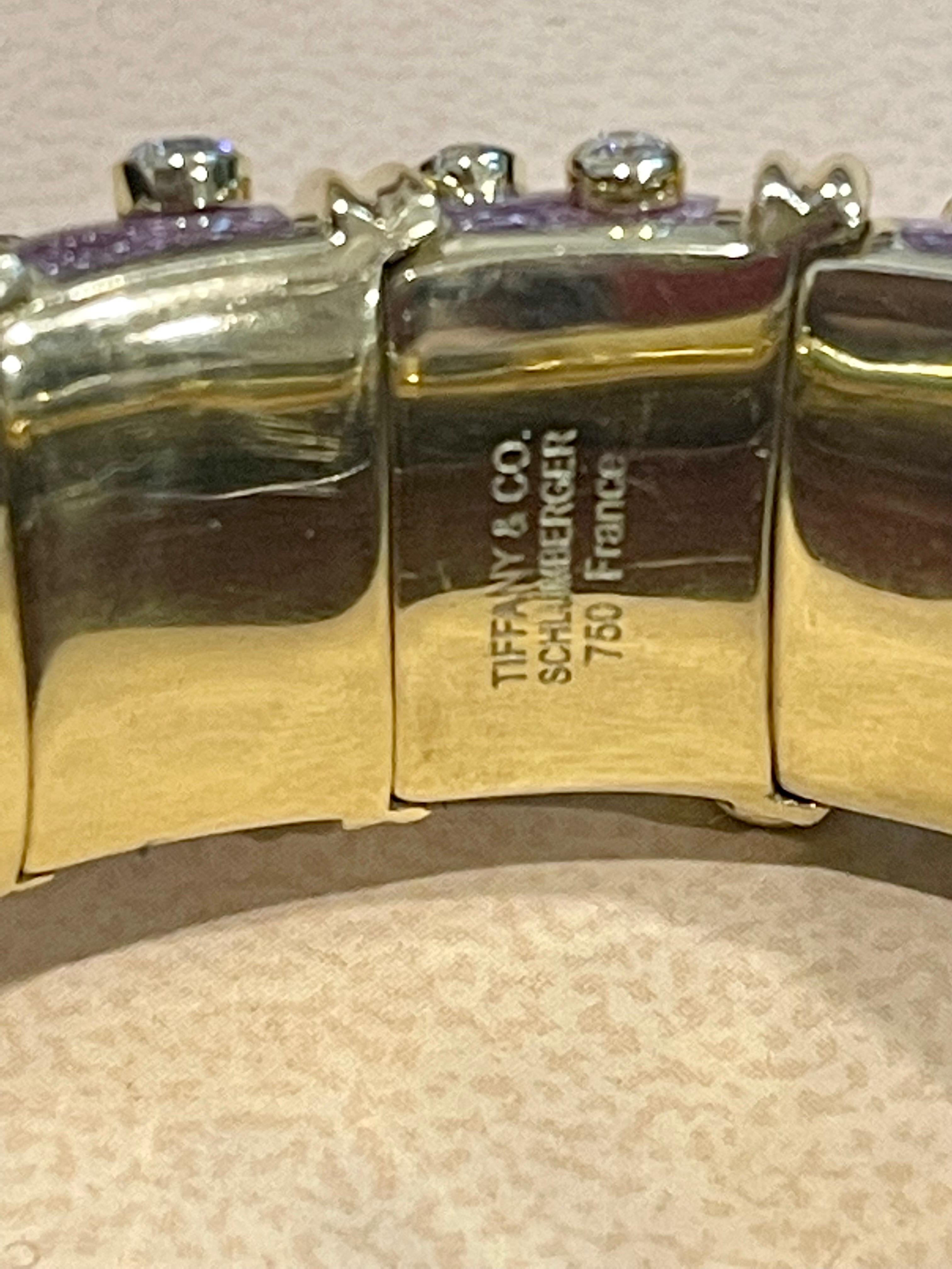 Tiffany & Co. Schlumberger 18 Kt Gold Lavender Enamel 5.96 Ct Diamond Bangle For Sale 3