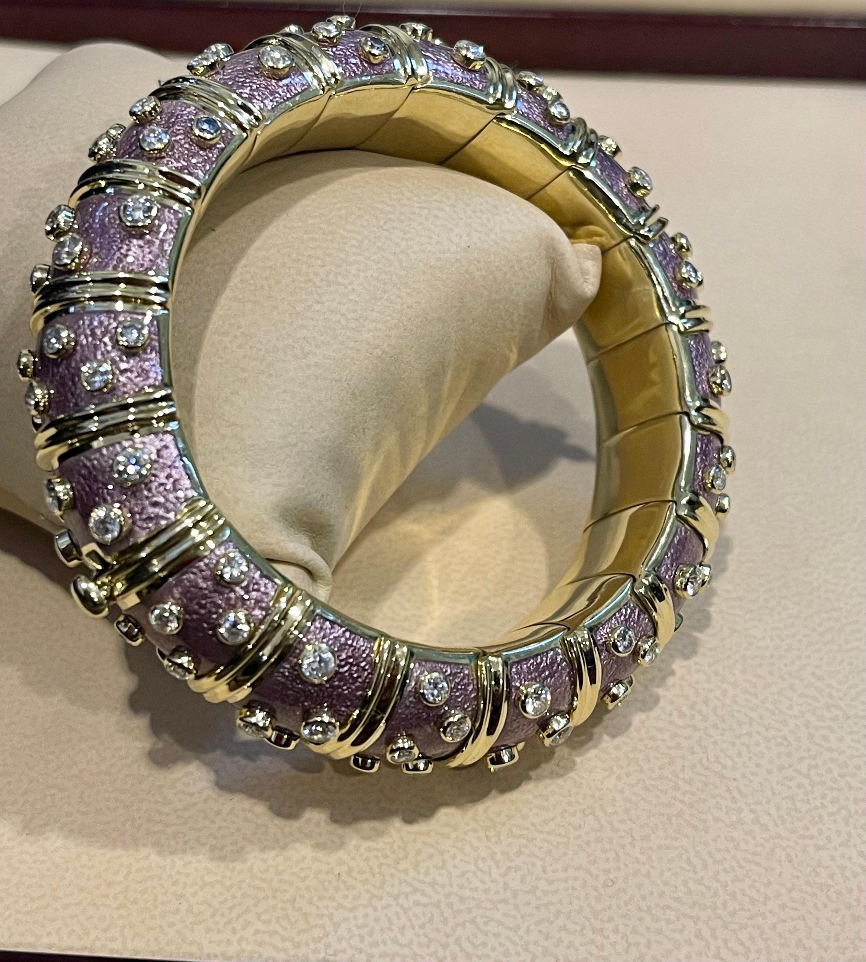 Tiffany & Co. Schlumberger 18 Kt Gold Lavender Enamel 5.96 Ct Diamond Bangle For Sale 4