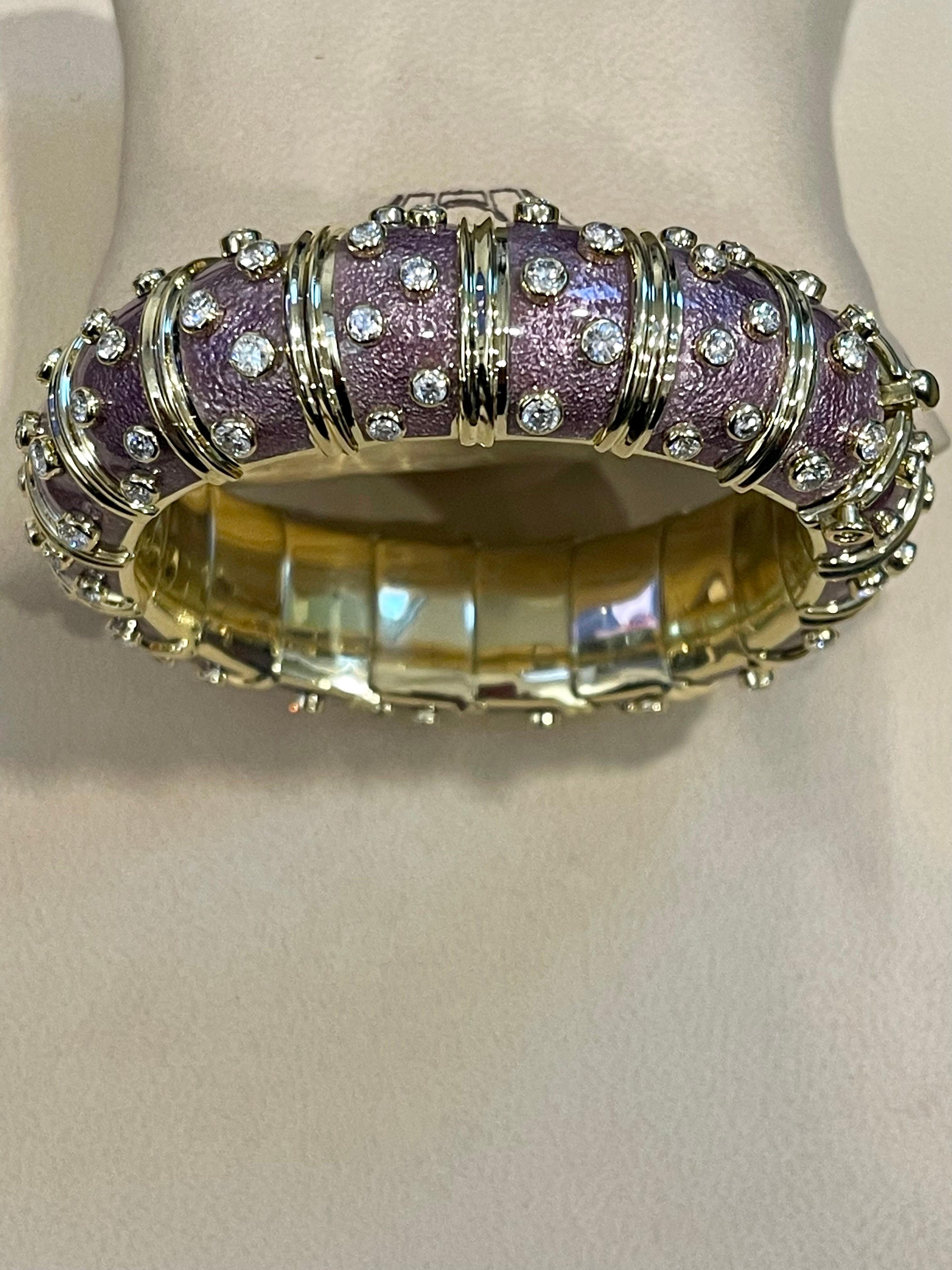 Tiffany & Co. Schlumberger 18 Kt Gold Lavender Enamel 5.96 Ct Diamond Bangle For Sale 6