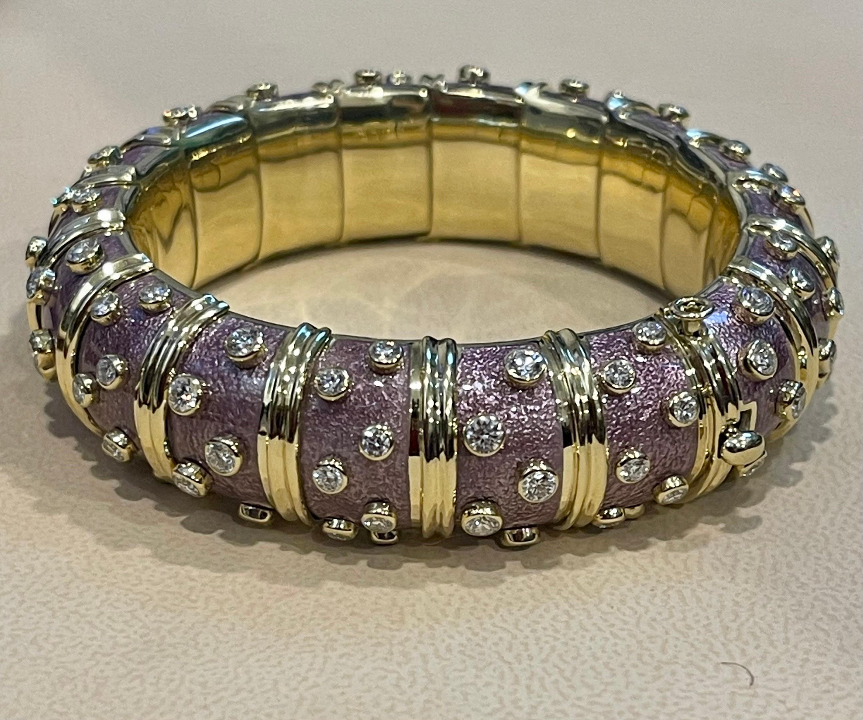 Tiffany & Co. Schlumberger 18 Kt Gold Lavender Enamel 5.96 Ct Diamond Bangle For Sale 7