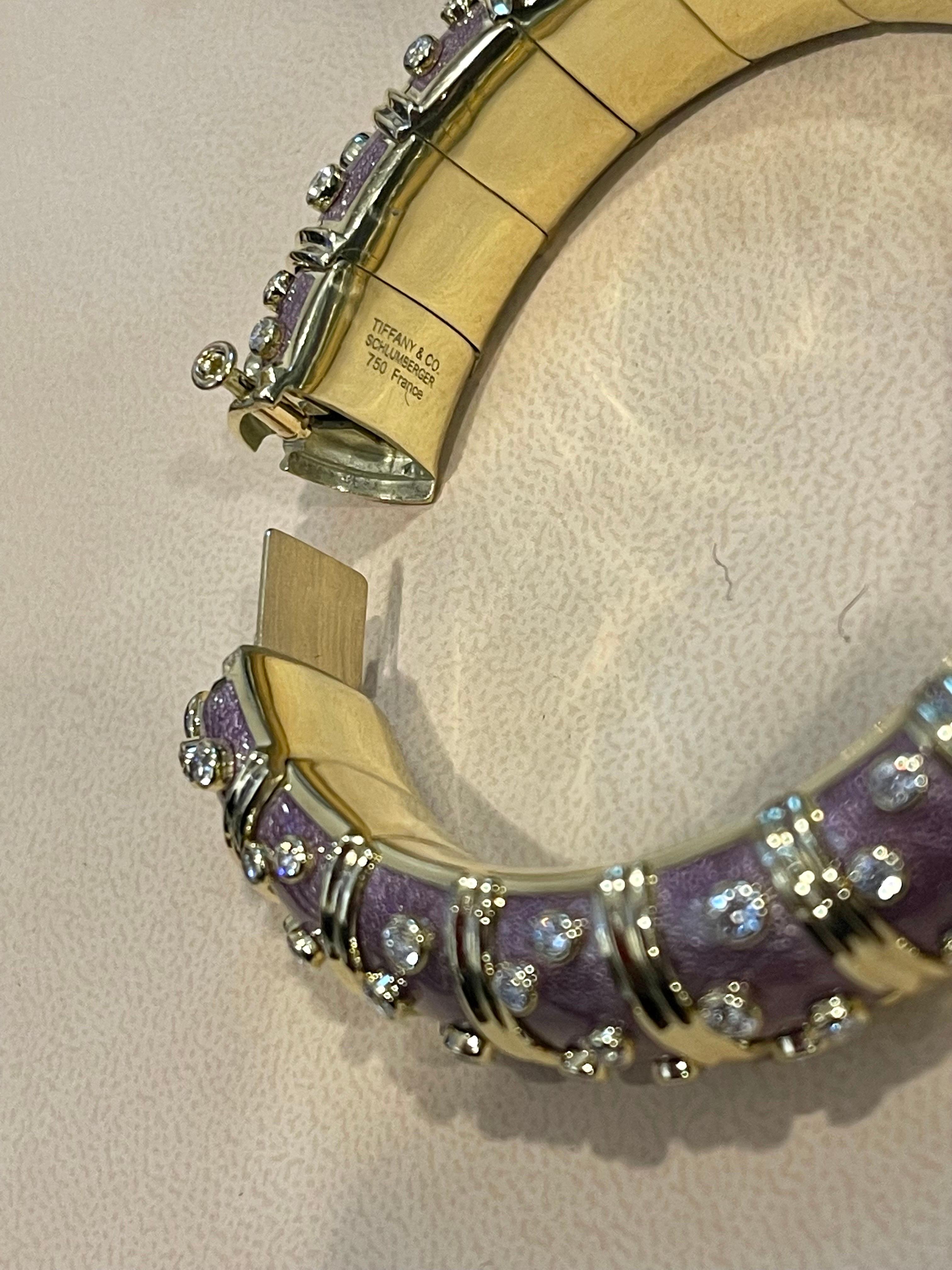 Tiffany & Co. Schlumberger 18 Kt Gold Lavender Enamel 5.96 Ct Diamond Bangle For Sale 9