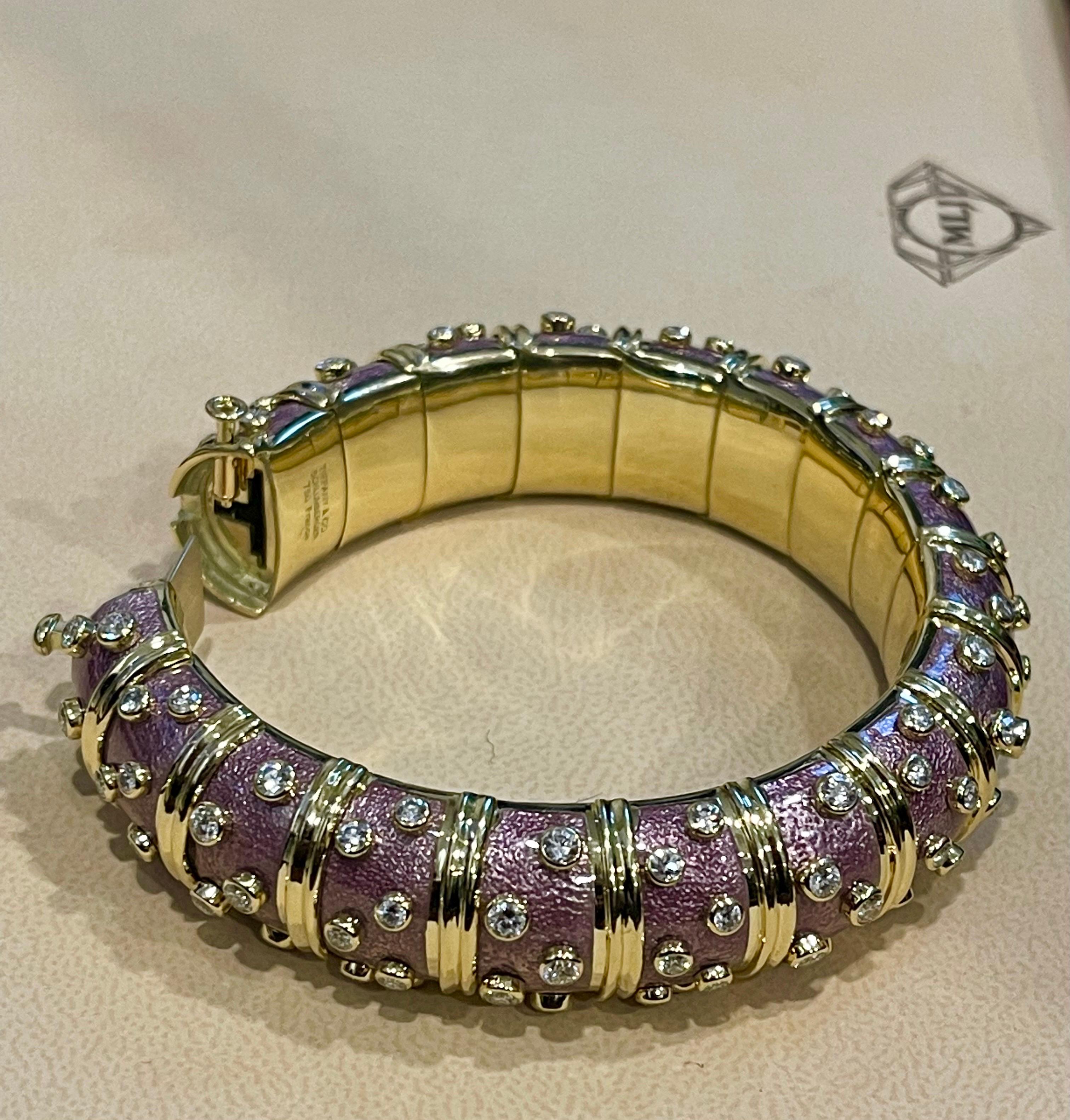 Tiffany & Co. Schlumberger 18 Kt Gold Lavender Enamel 5.96 Ct Diamond Bangle For Sale 10