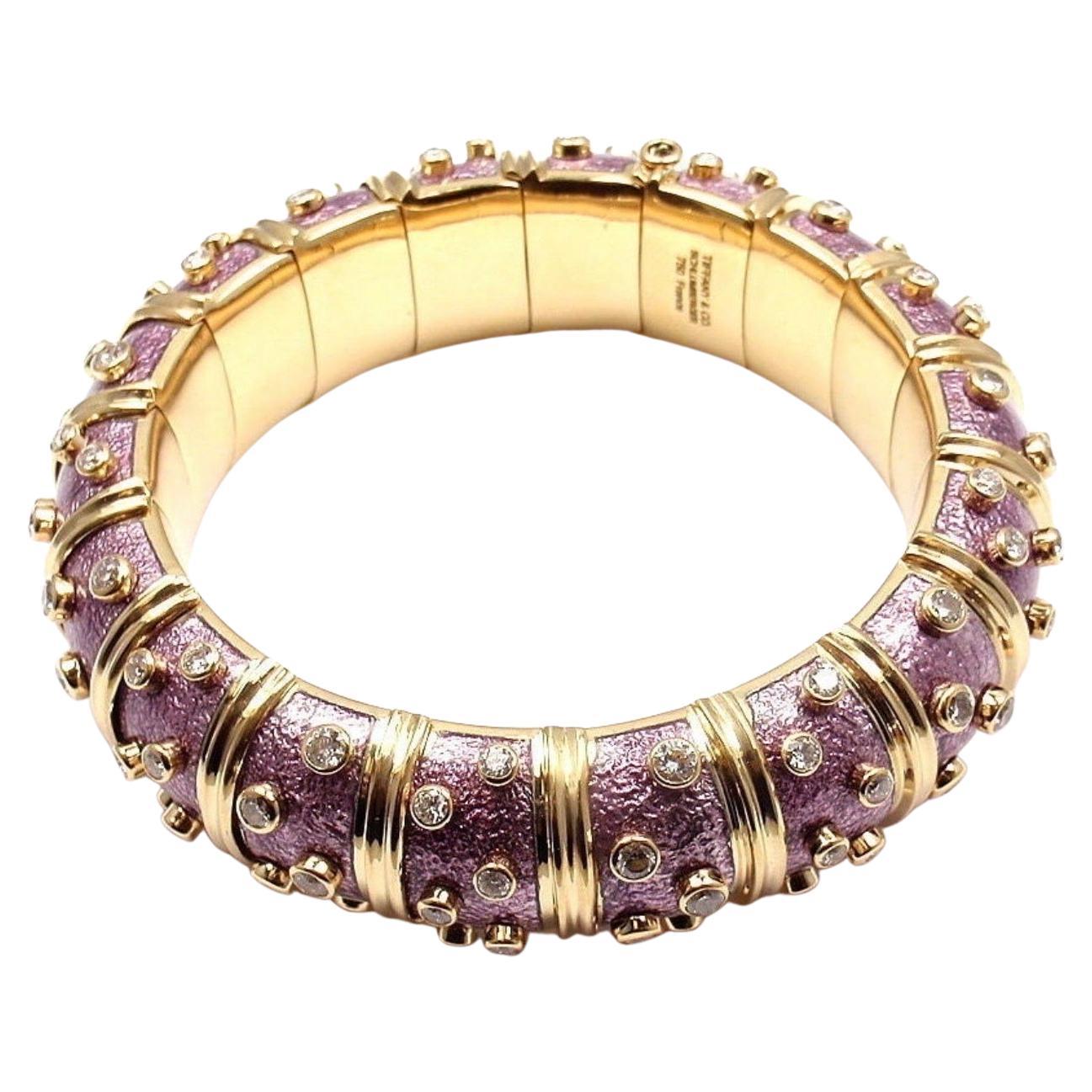 A DIAMOND AND Purple/ Lavender  ENAMEL BANGLE BRACELET, BY JEAN SCHLUMBERGER, TIFFANY & CO.
Very Pleasant Lavender color
Enamel bracelet designed by Jean Schlumberger for Tiffany & Co. Beautiful and iconic piece, made in Paris France at the atelier