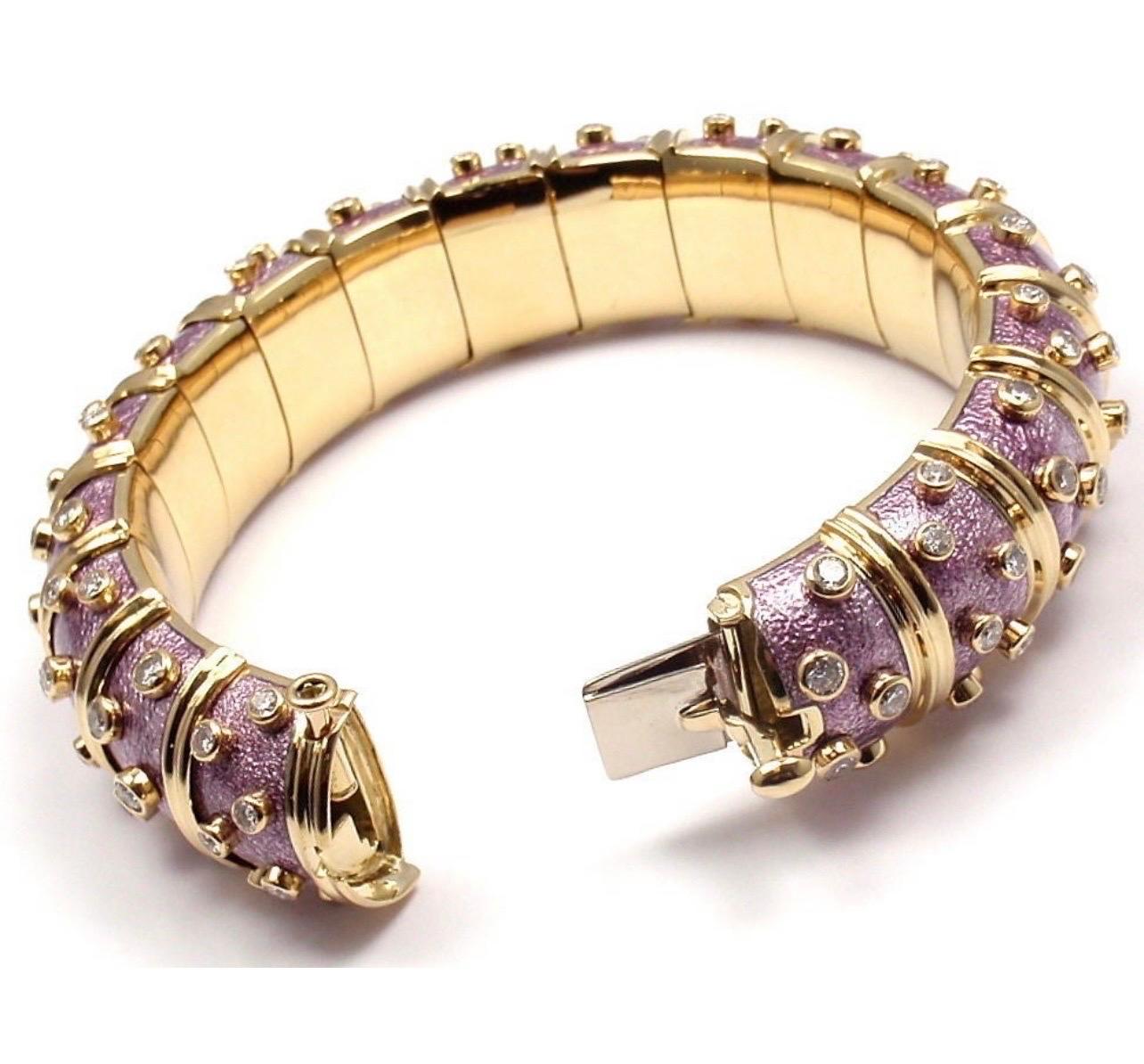Retro Tiffany & Co. Schlumberger 18 Kt Gold Lavender Enamel 5.96 Ct Diamond Bangle For Sale