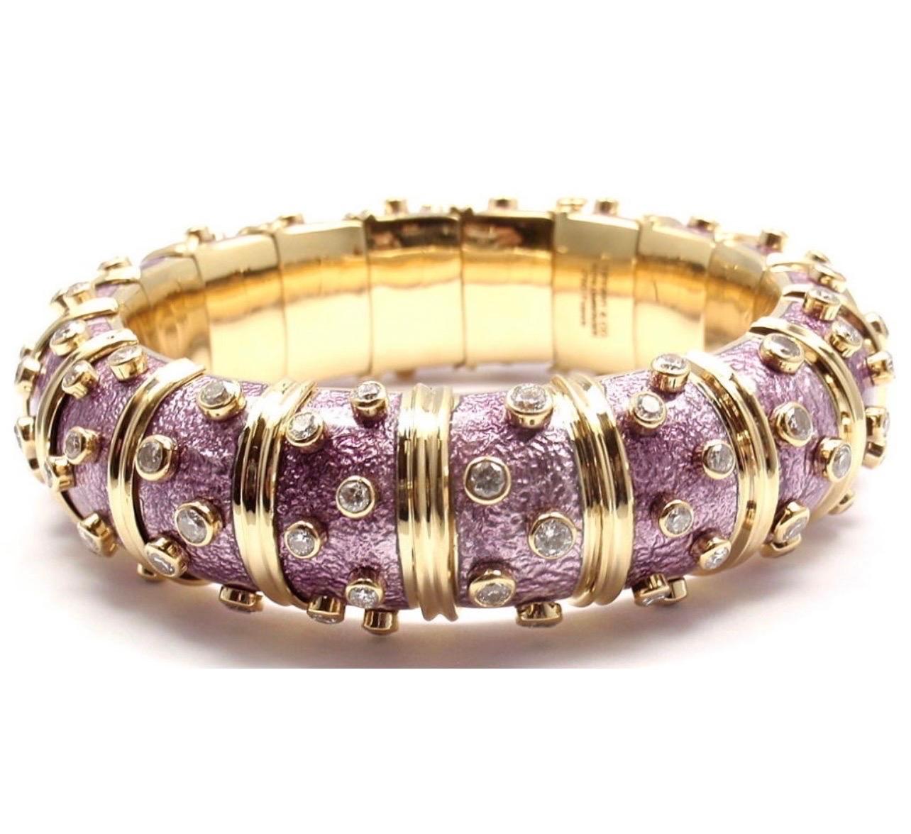 Tiffany & Co. Schlumberger 18 Kt Gold Lavender Enamel 5.96 Ct Diamond Bangle In Excellent Condition For Sale In New York, NY