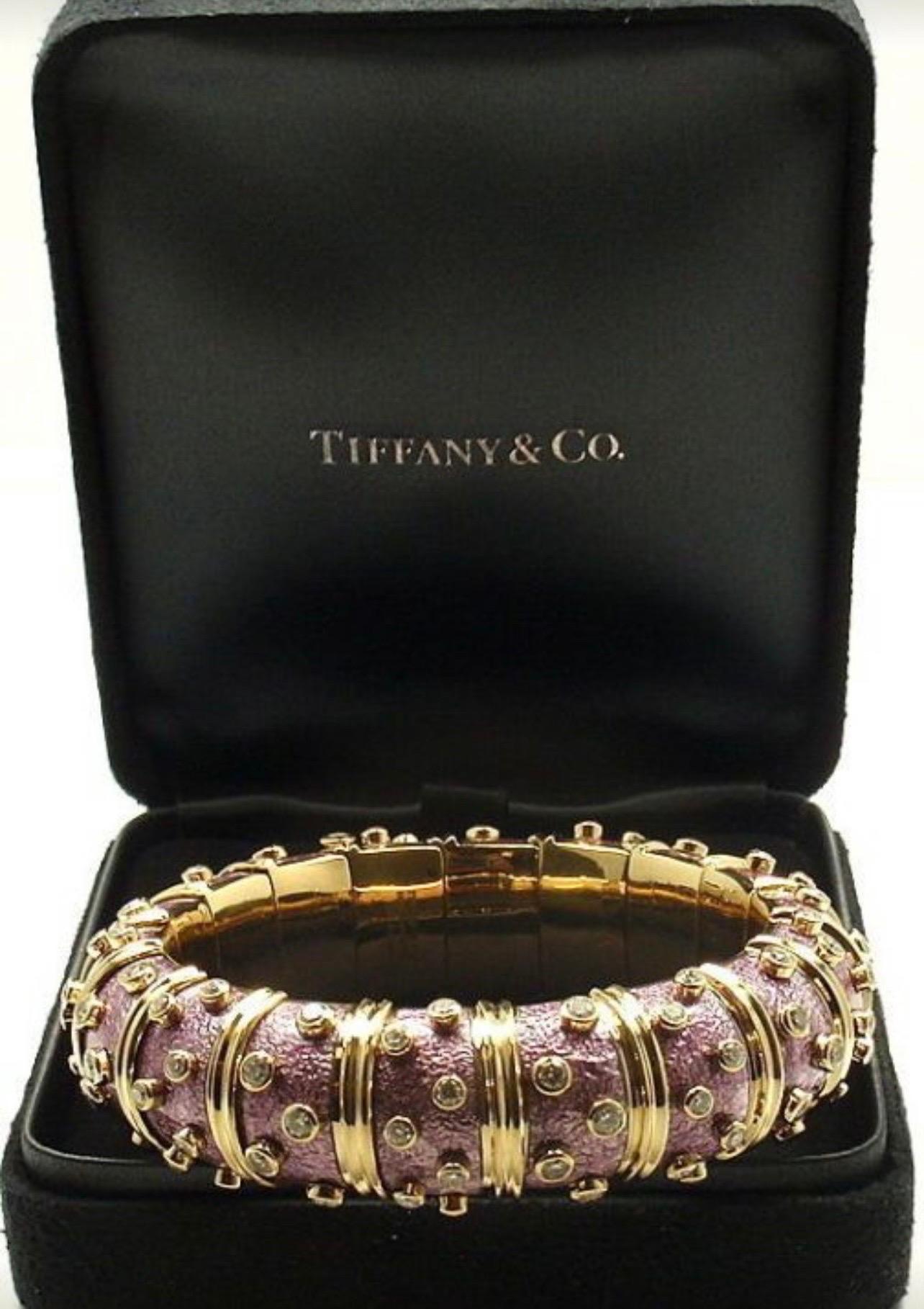 Women's Tiffany & Co. Schlumberger 18 Kt Gold Lavender Enamel 5.96 Ct Diamond Bangle For Sale