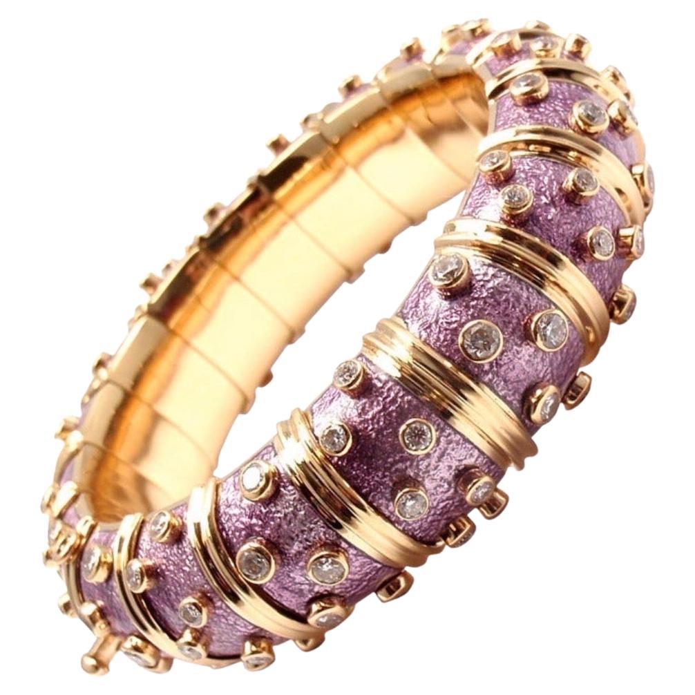 Tiffany & Co. Schlumberger 18 Kt Gold Lavender Enamel 5.96 Ct Diamond Bangle For Sale