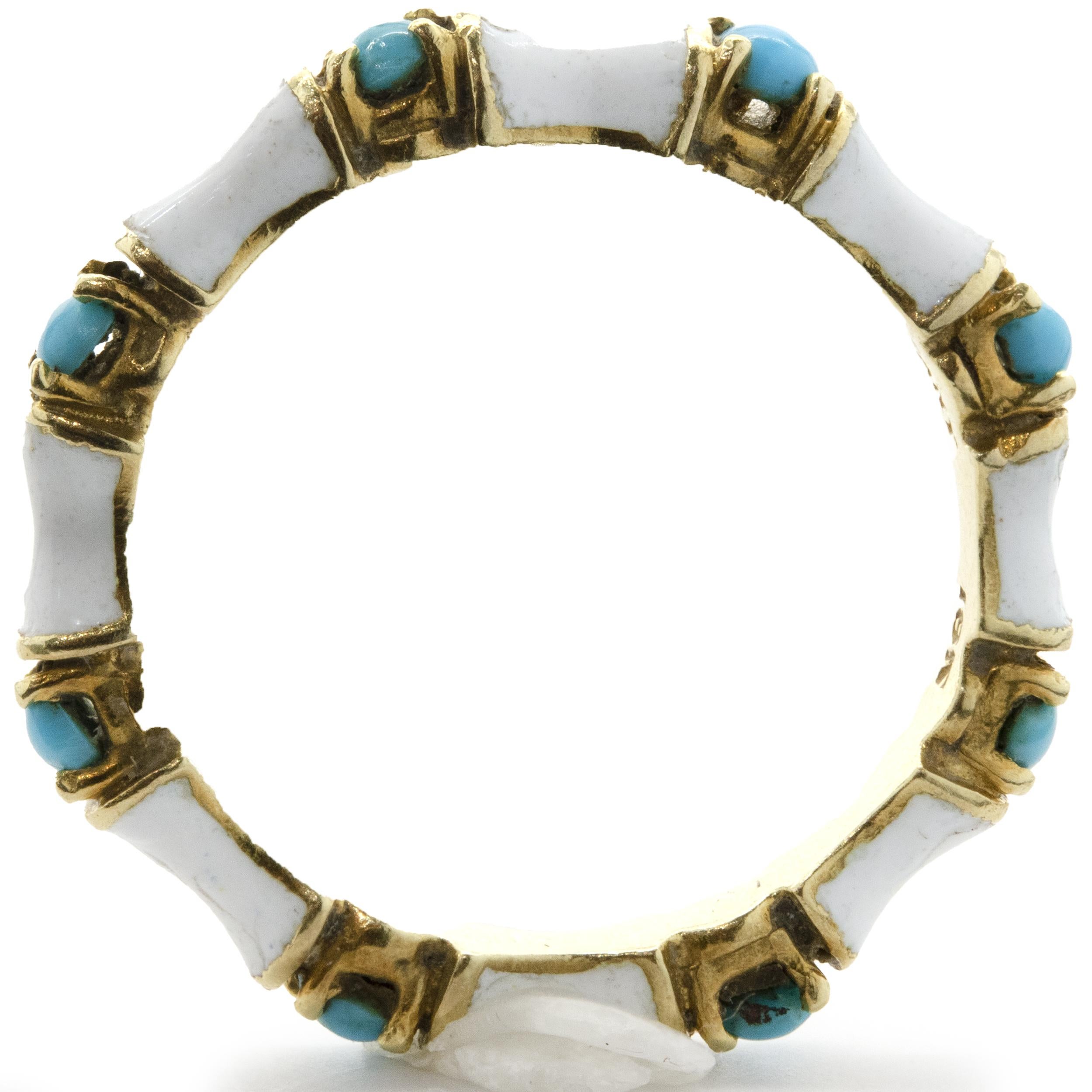 Tiffany & Co. Schlumberger 18 Yellow Gold Bamboo, White Enamel, Turquoise Band In Excellent Condition In Scottsdale, AZ