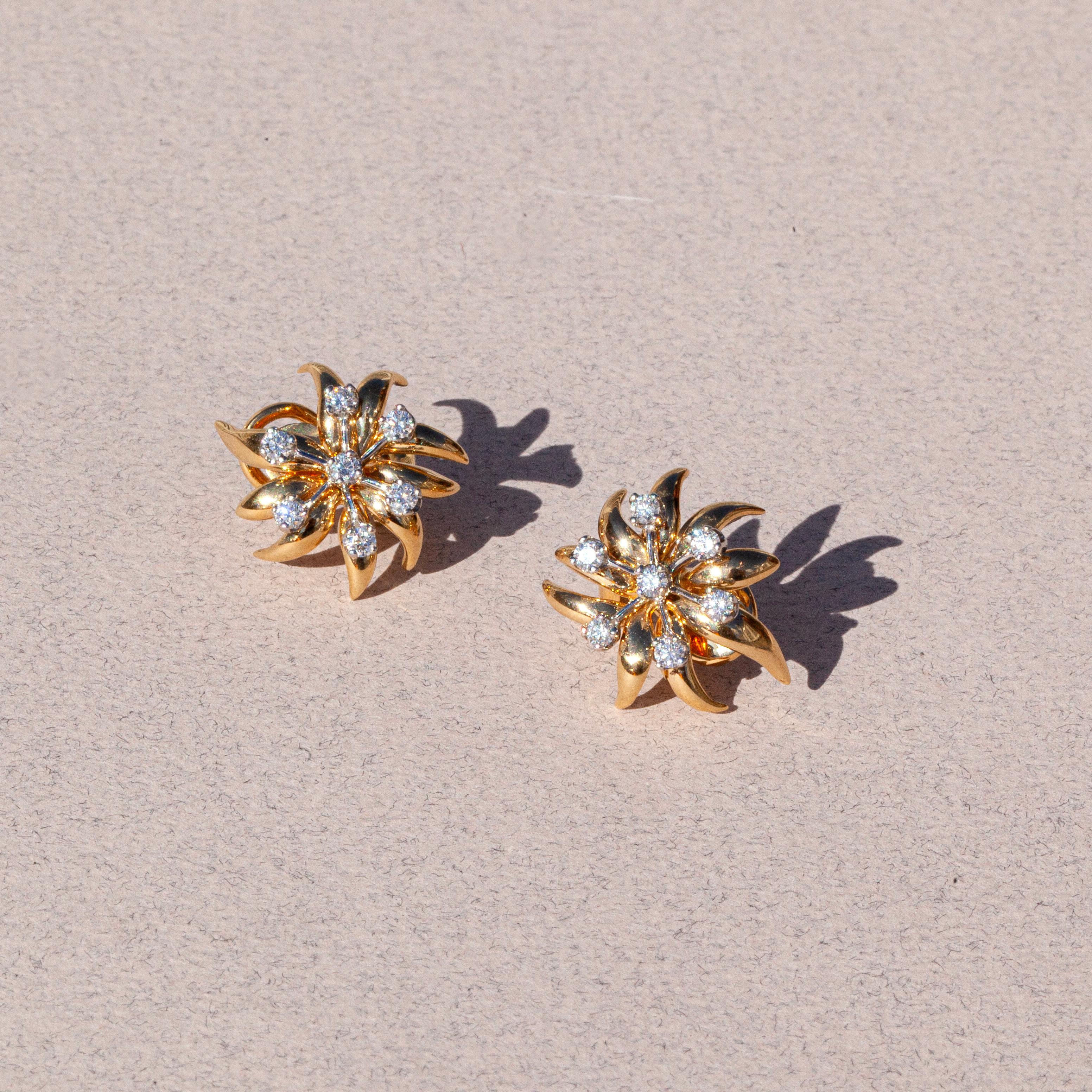 Tiffany & Co. Schlumberger 18ct Yellow Gold, Platinum & Diamond Flame Ear Clips In Excellent Condition In London, GB