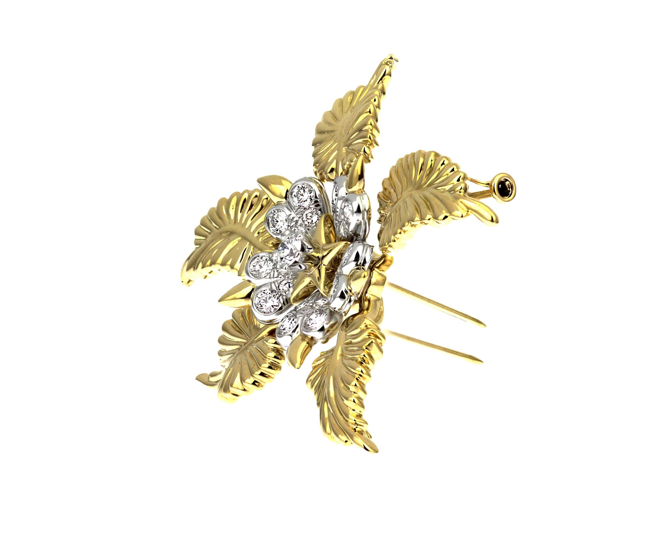 Round Cut Tiffany & Co. Schlumberger 18ct yellow gold, platinum & diamond leaf brooch For Sale