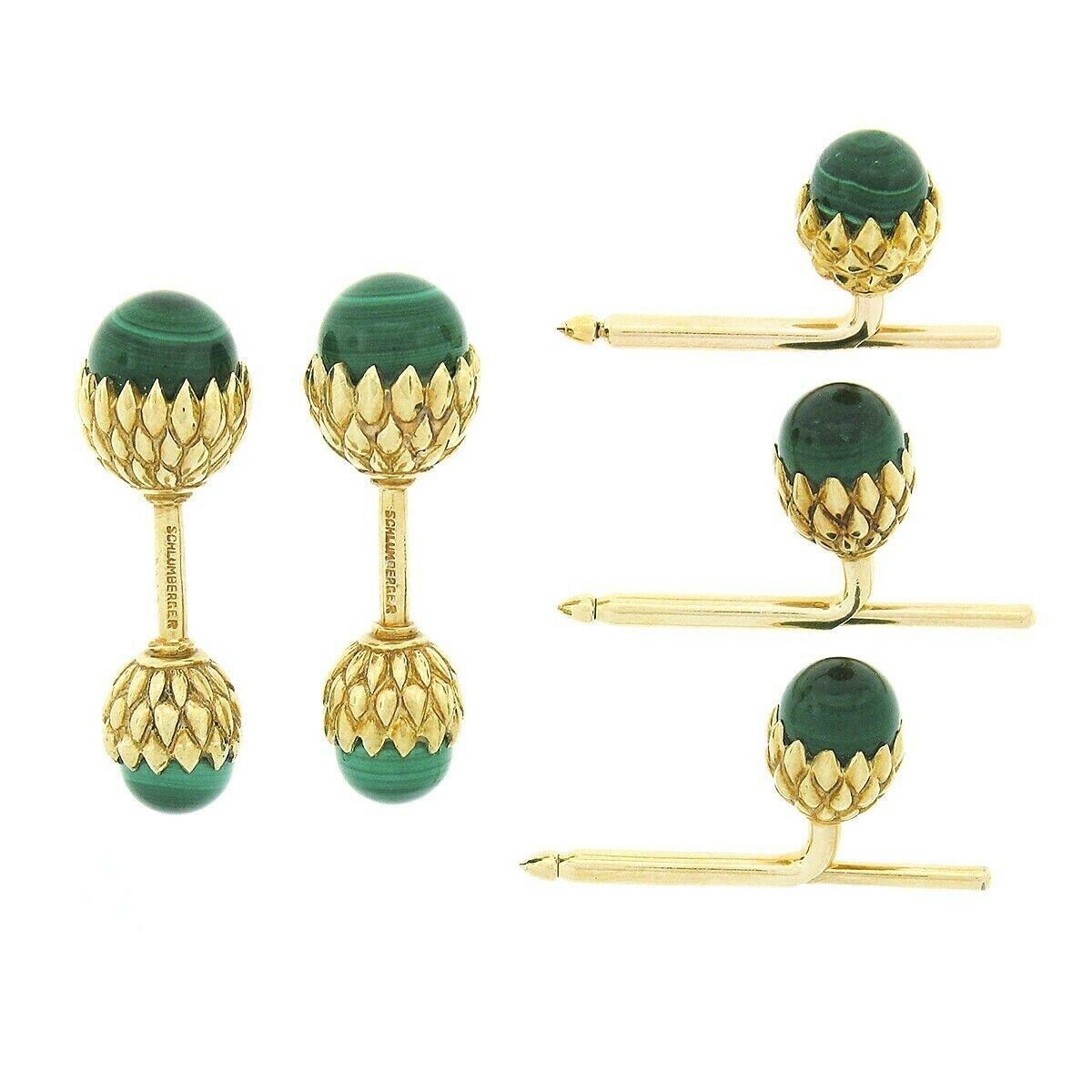 Women's or Men's Tiffany & Co. Schlumberger 18k Gold Acorn Malachite Cuff Links & Button Stud Set