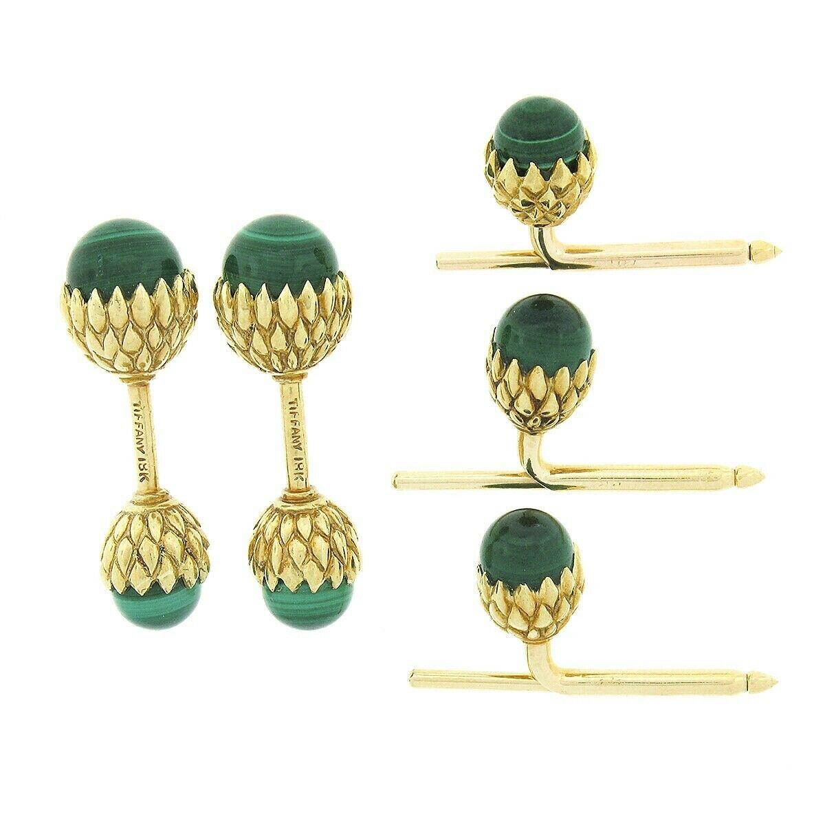 Tiffany & Co. Schlumberger 18k Gold Acorn Malachite Cuff Links & Button Stud Set 1