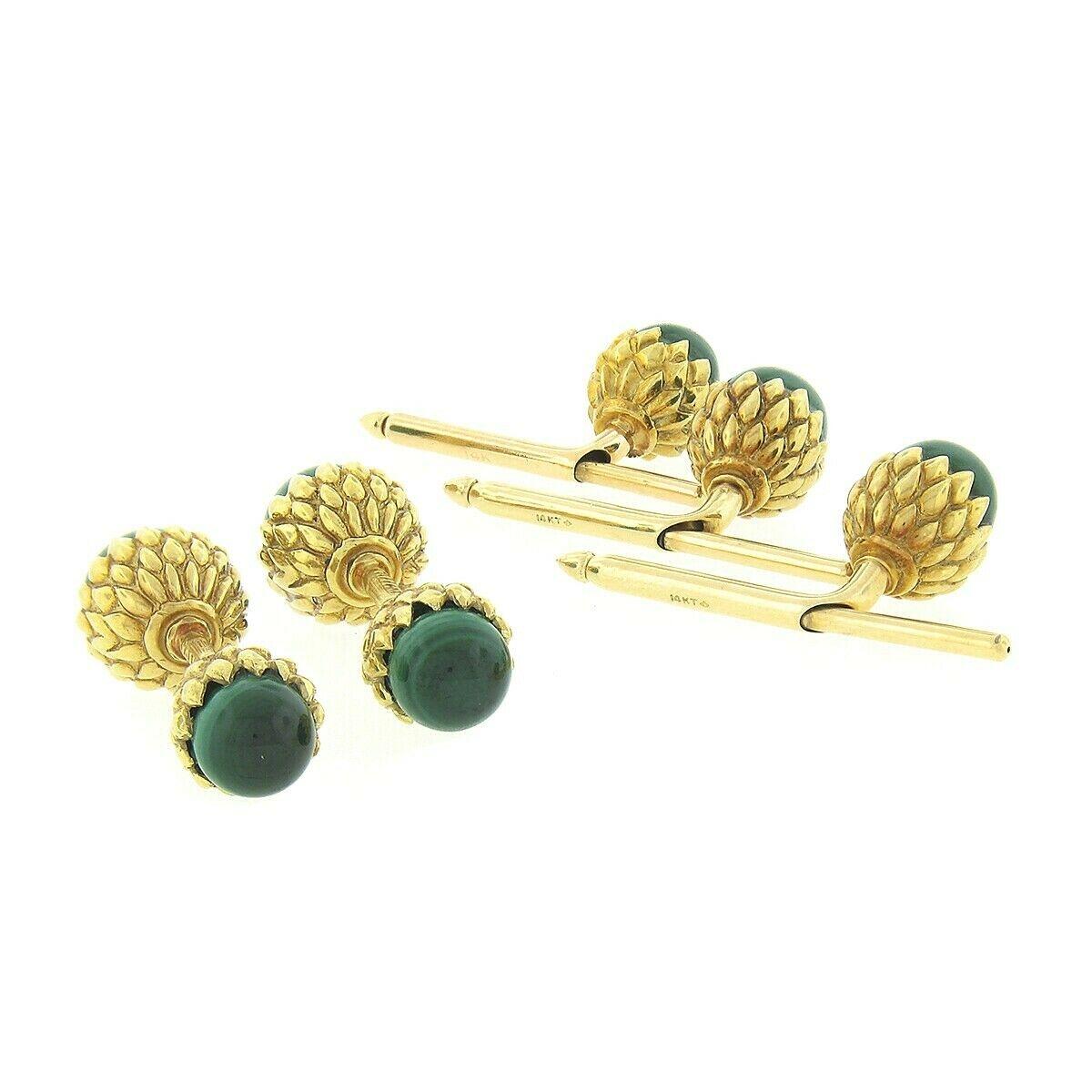 Tiffany & Co. Schlumberger 18k Gold Acorn Malachite Cuff Links & Button Stud Set 2