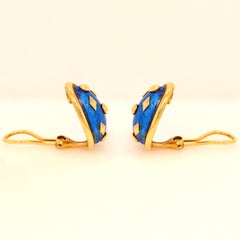 Tiffany & Co. Schlumberger 18K Gold Blue Enamel Dot Lozenge Clip On Earrings