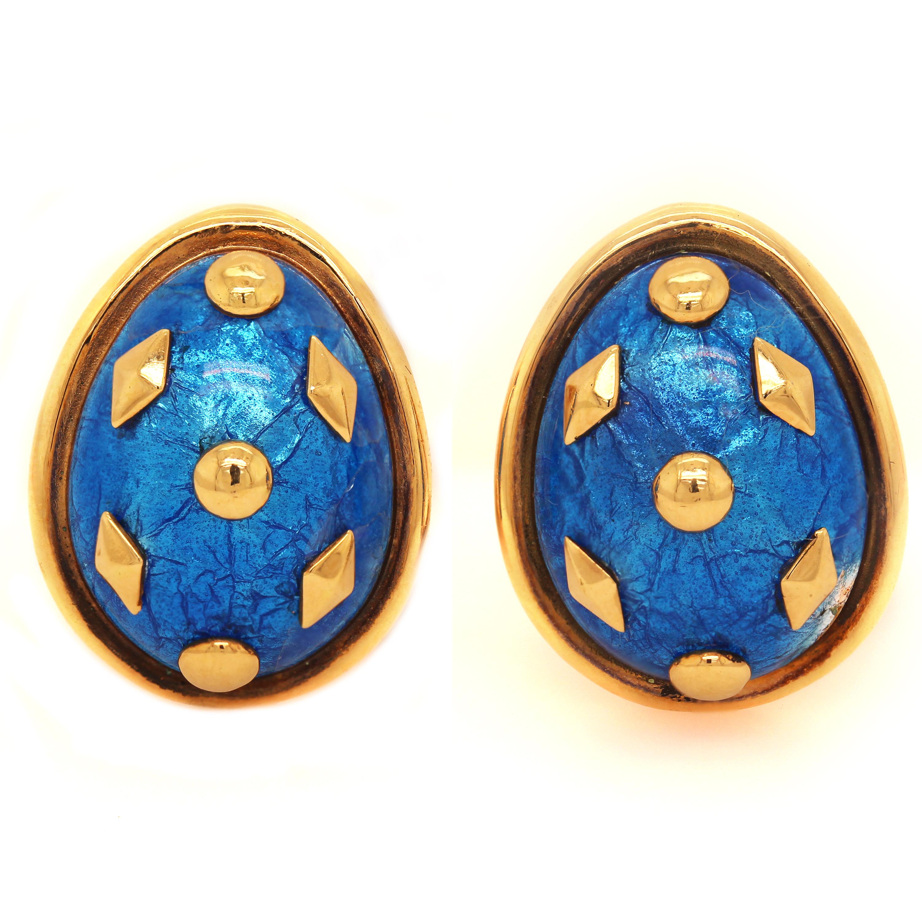 Art Deco Tiffany & Co. Schlumberger 18K Gold Blue Enamel Dot Lozenge Clip On Earrings For Sale