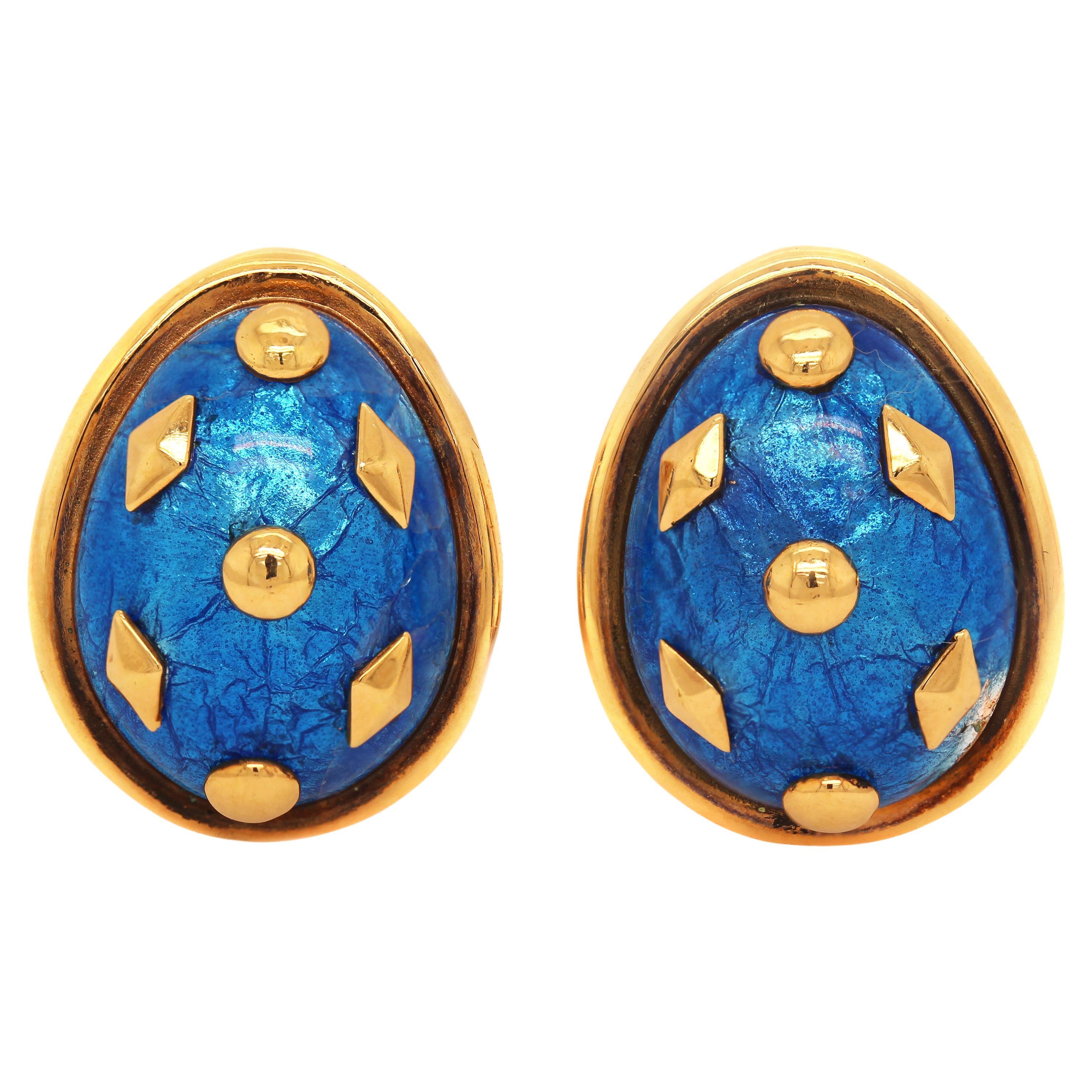 Tiffany & Co. Schlumberger 18K Gold Blue Enamel Dot Lozenge Clip On Earrings For Sale