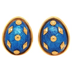 Vintage Tiffany & Co. Schlumberger 18K Gold Blue Enamel Dot Lozenge Clip On Earrings