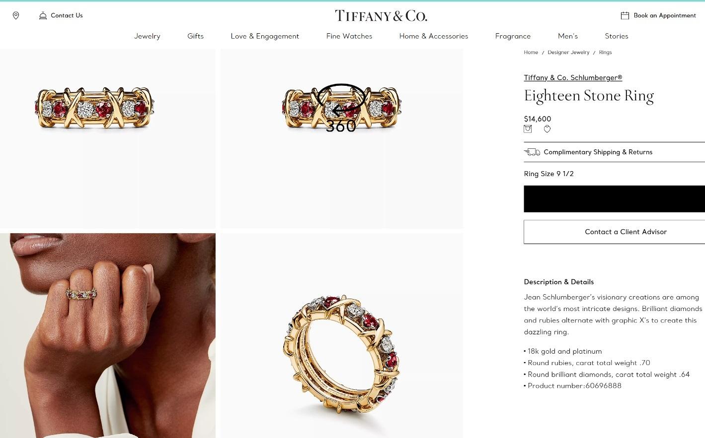 Women's TIFFANY & Co. Schlumberger 18K Gold Eighteen Stone Diamond Ruby X Ring 9.5