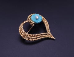 Tiffany & Co. Schlumberger 18k Gold Heart Brooch Turquoise Flower