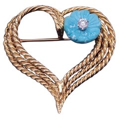Tiffany & Co. Schlumberger 18k Gold Heart Brooch Turquoise Flower