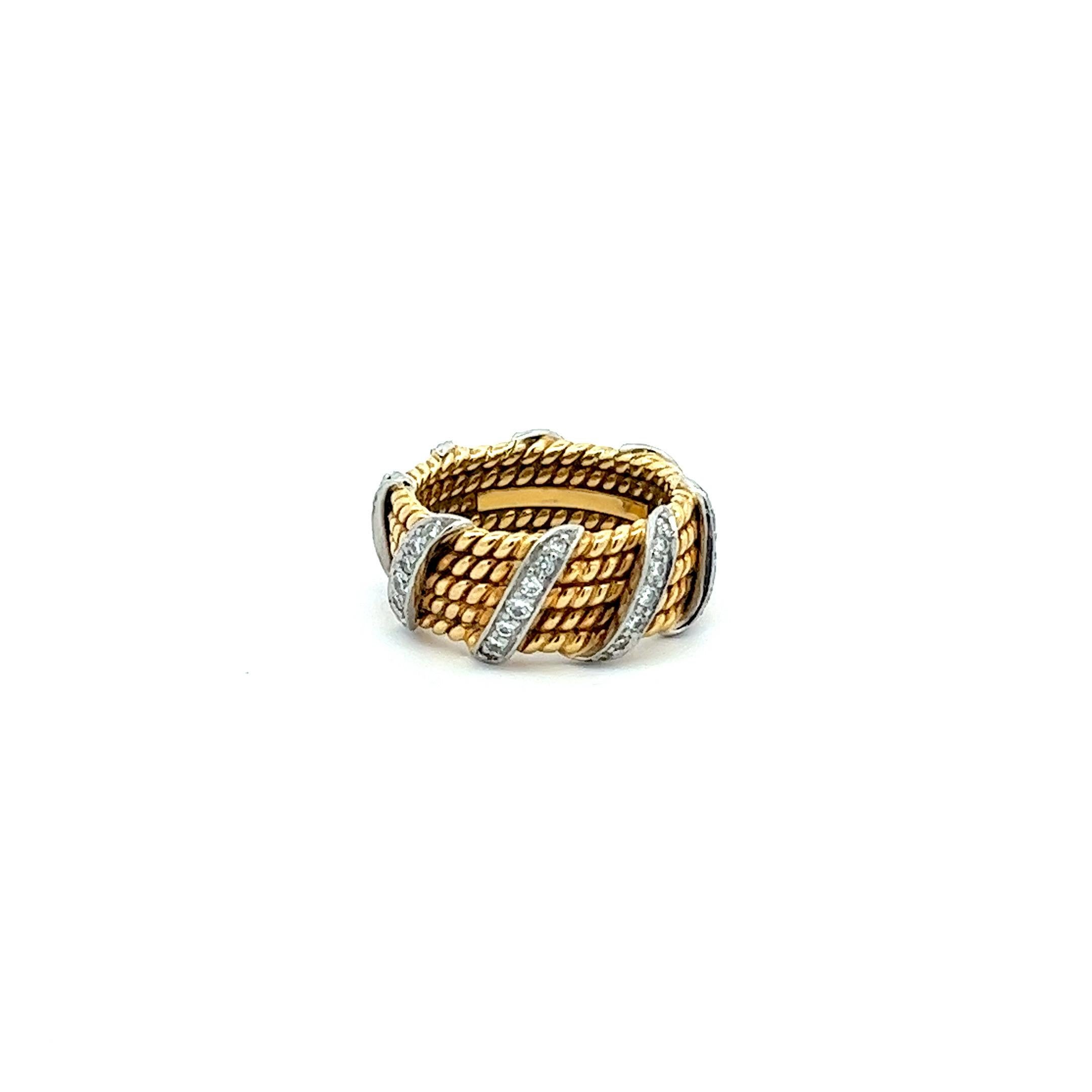 Modernist Tiffany & Co. Schlumberger 18k Gold, Platinum 5-Row Rope Band Ring with Diamonds