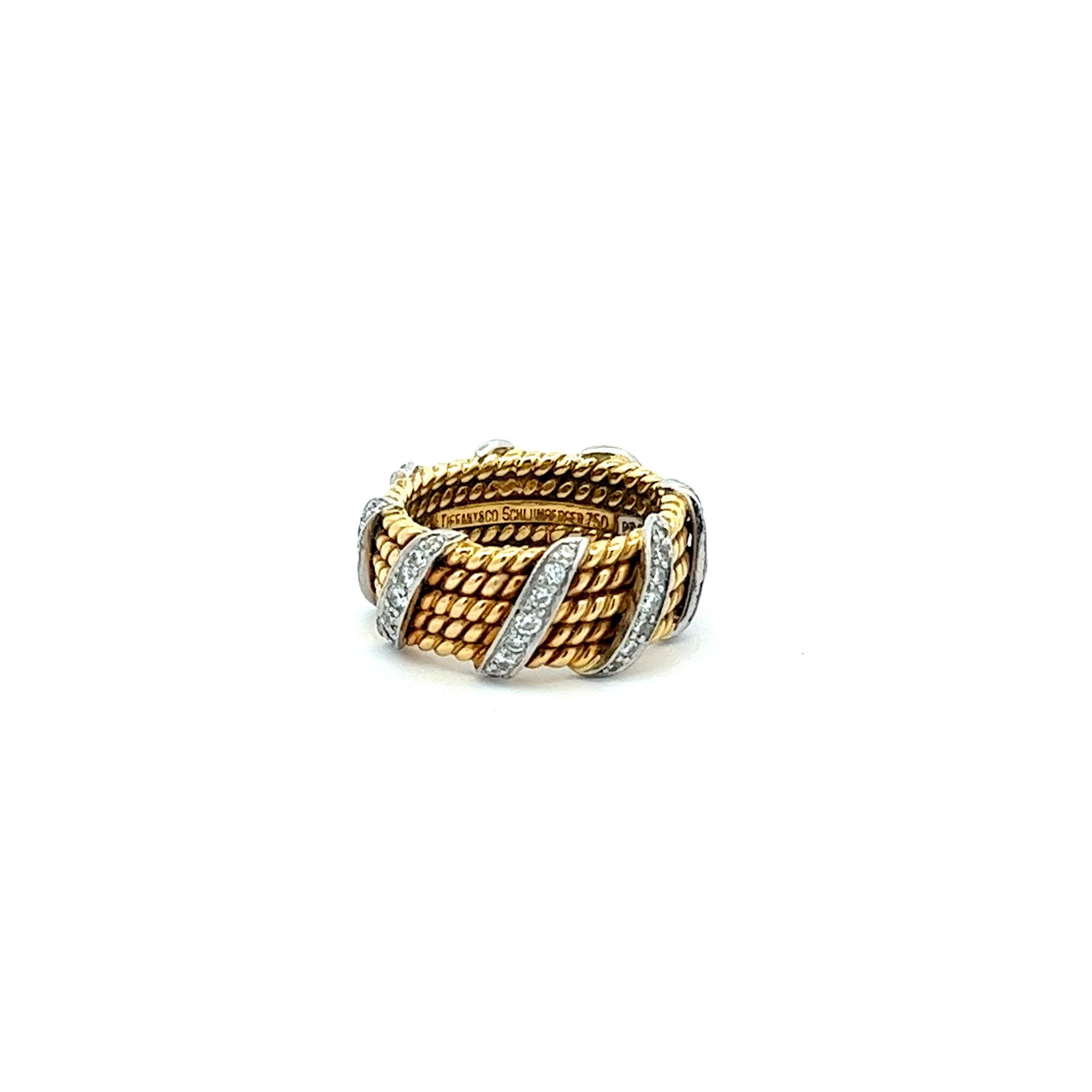 Brilliant Cut Tiffany & Co. Schlumberger 18k Gold, Platinum 5-Row Rope Band Ring with Diamonds
