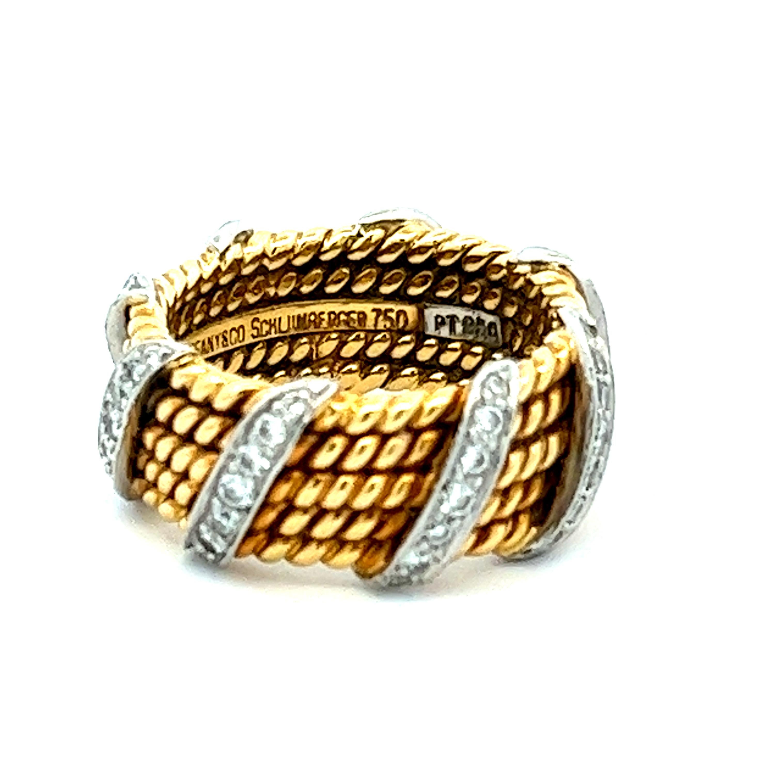Tiffany & Co. Schlumberger 18k Gold, Platinum 5-Row Rope Band Ring with Diamonds In Excellent Condition In Fairfield, CT