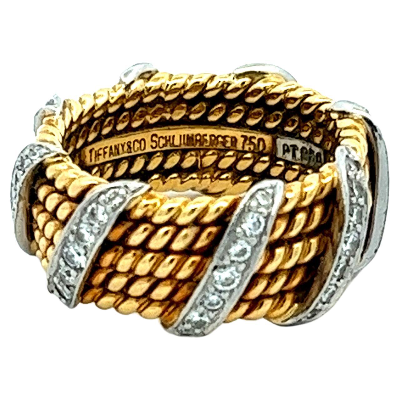 Tiffany & Co. Schlumberger 18k Gold, Platinum 5-Row Rope Band Ring with Diamonds