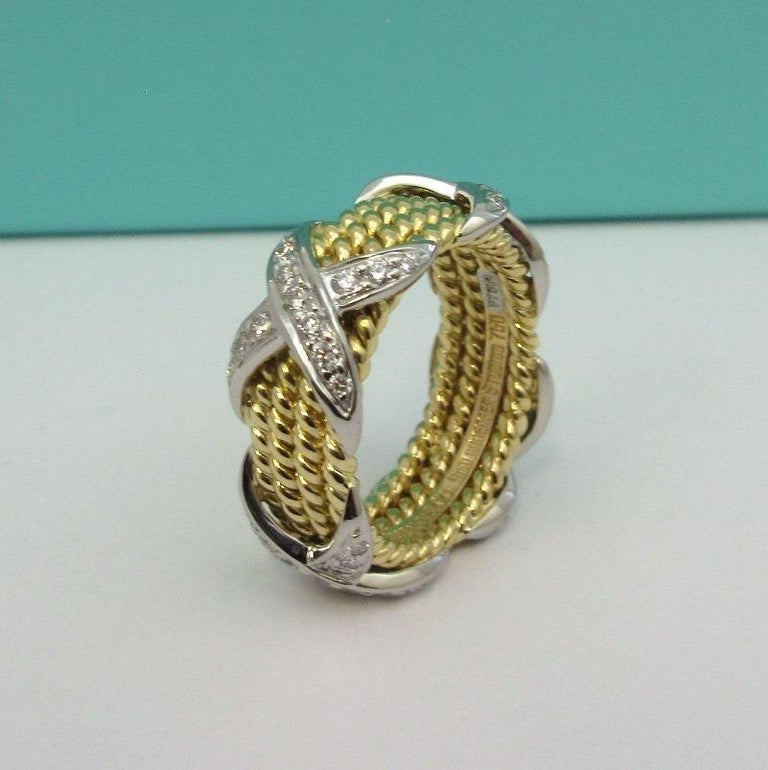 Round Cut Tiffany & Co. Schlumberger 18K Gold Platinum Diamond Rope Four-Row X Ring 5.5 For Sale