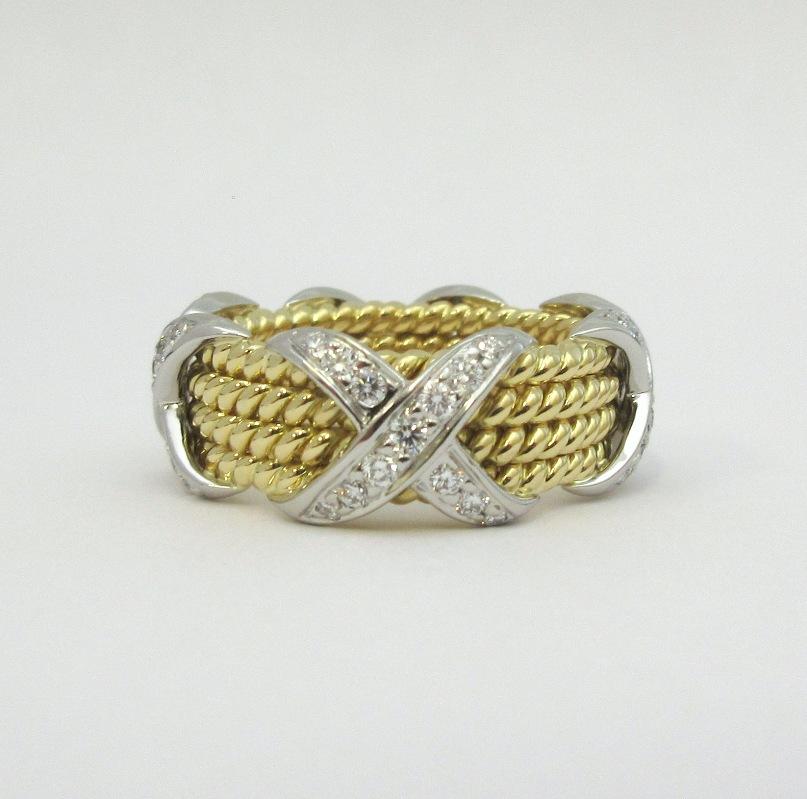 Tiffany & Co. Schlumberger: 18 Karat Gold Platin Diamant Seil Vierreihiger X Ring 5,5 im Zustand „Hervorragend“ im Angebot in Los Angeles, CA