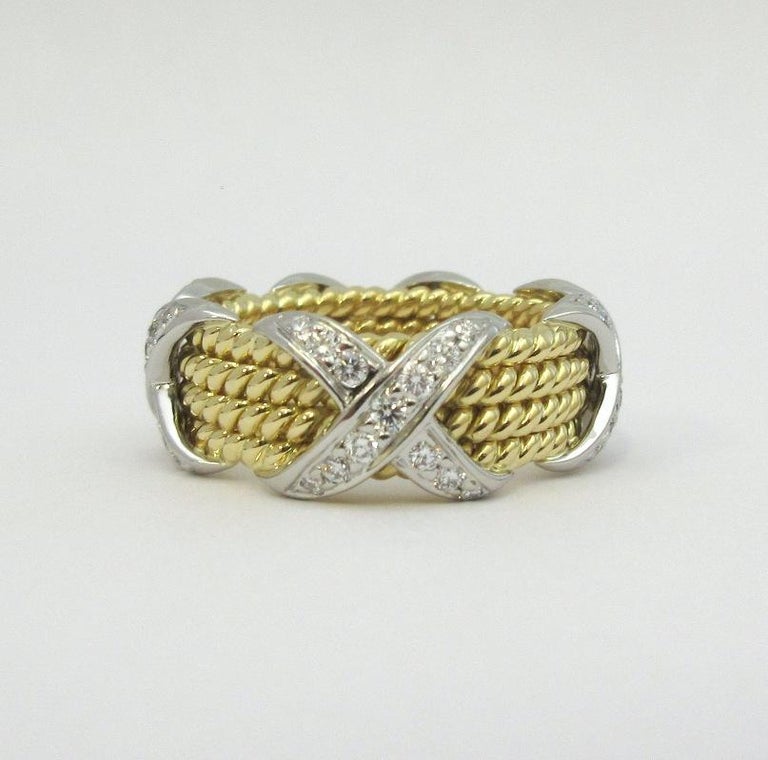 Tiffany & Co. Schlumberger 18K Gold Platinum Diamond Rope Four-Row X Ring 5.5 In Excellent Condition For Sale In Los Angeles, CA
