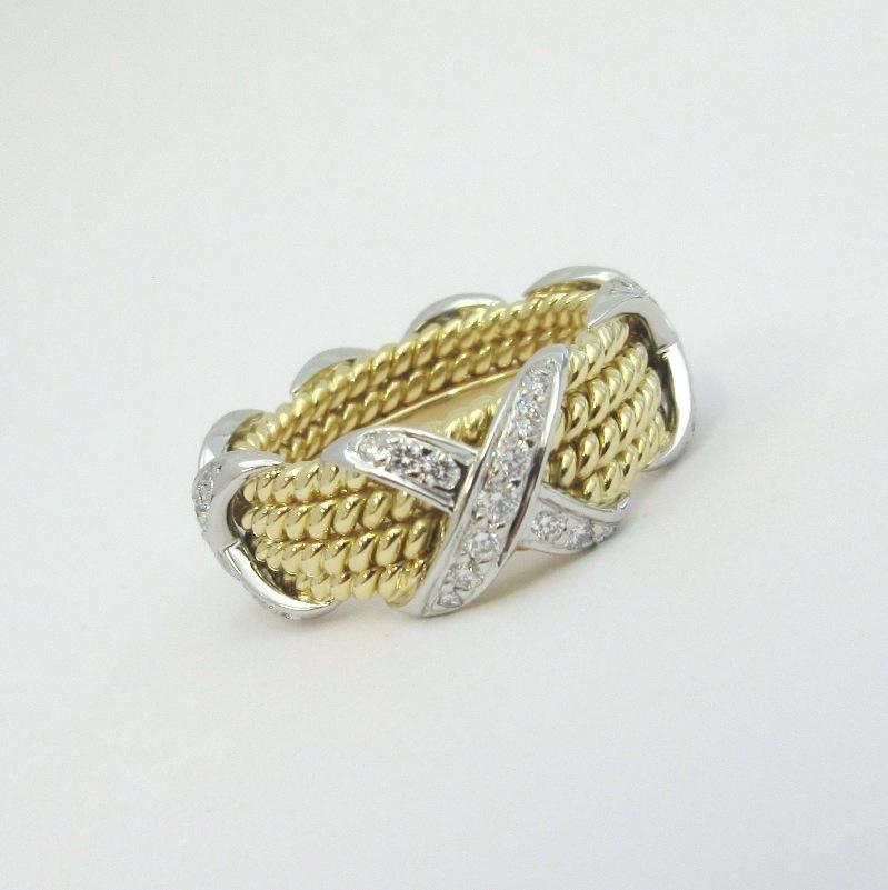 Tiffany & Co. Schlumberger: 18 Karat Gold Platin Diamant Seil Vierreihiger X Ring 5,5 Damen im Angebot