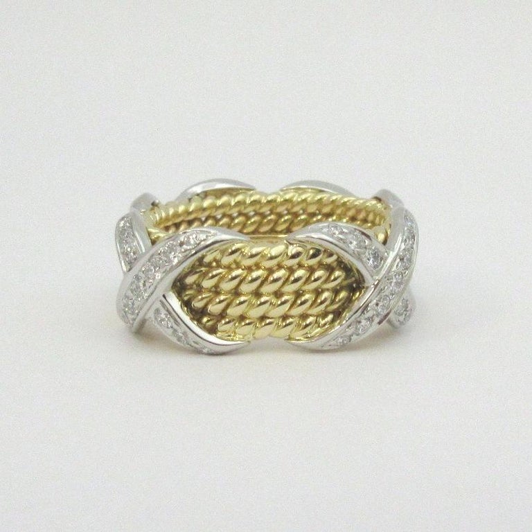 Tiffany & Co. Schlumberger 18K Gold Platinum Diamond Rope Four-Row X Ring 5.5 For Sale 1