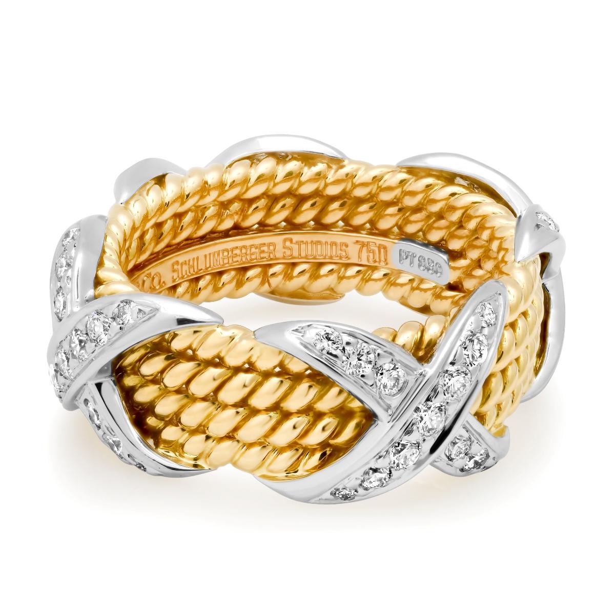 Round Cut Tiffany & Co. Schlumberger 18K Gold Platinum Diamond Rope Four-Row X Ring 5.5 For Sale