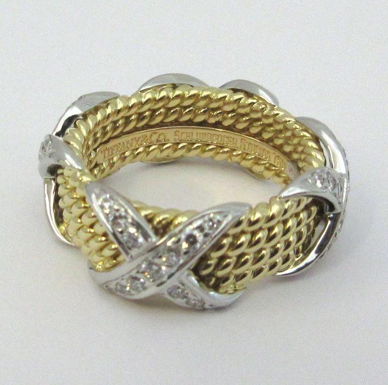Tiffany & Co. Schlumberger 18K Gold Platinum Diamond Rope Four-Row X Ring 5.5 In Excellent Condition For Sale In Los Angeles, CA