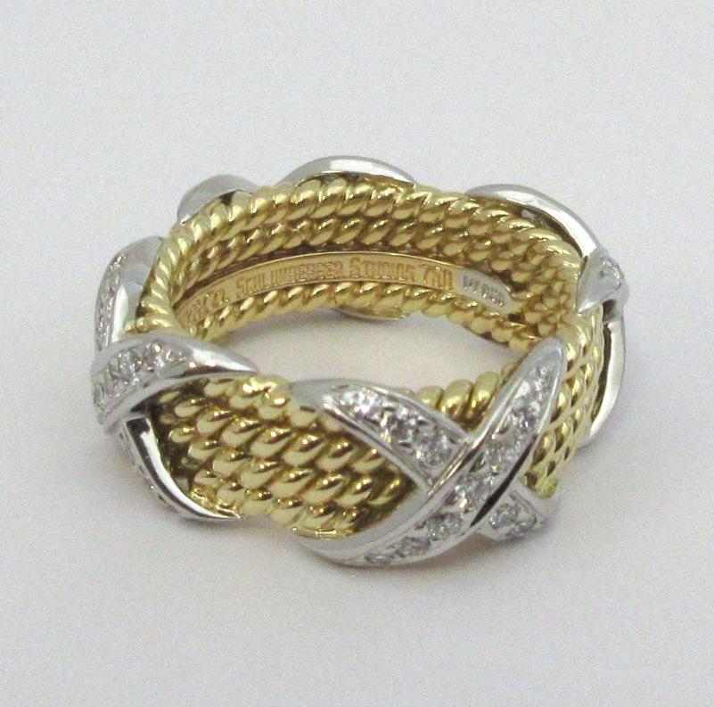 Women's Tiffany & Co. Schlumberger 18K Gold Platinum Diamond Rope Four-Row X Ring 5.5 For Sale