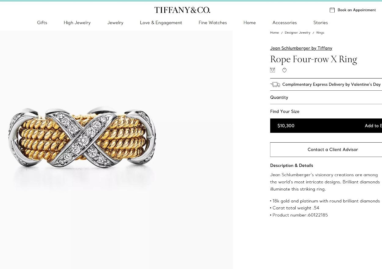 Women's Tiffany & Co. Schlumberger 18K Gold Platinum Diamond Rope Four-Row X Ring 5.5 For Sale