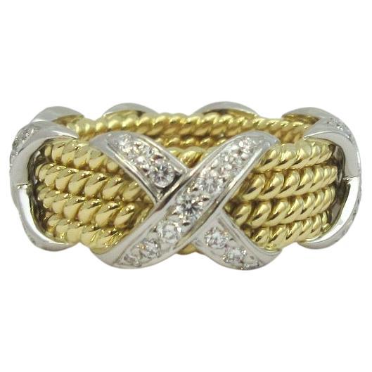 Tiffany & Co. Schlumberger 18K Gold Platinum Diamond Rope Four-Row X Ring 5.5 For Sale