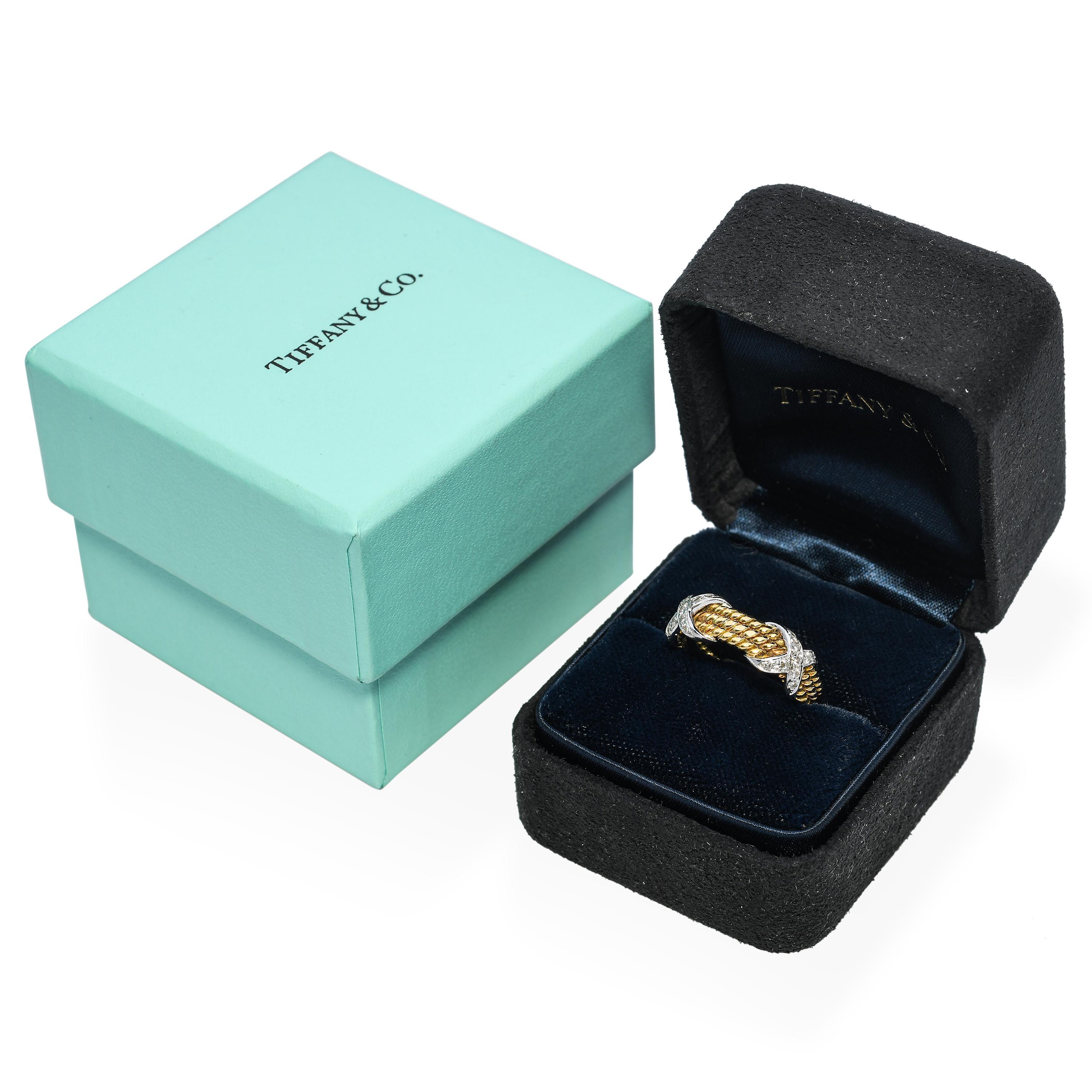 Tiffany & Co. Anello a tre file X con diamanti in oro platino 18 carati Schlumberger In condizioni ottime in vendita a New York, NY