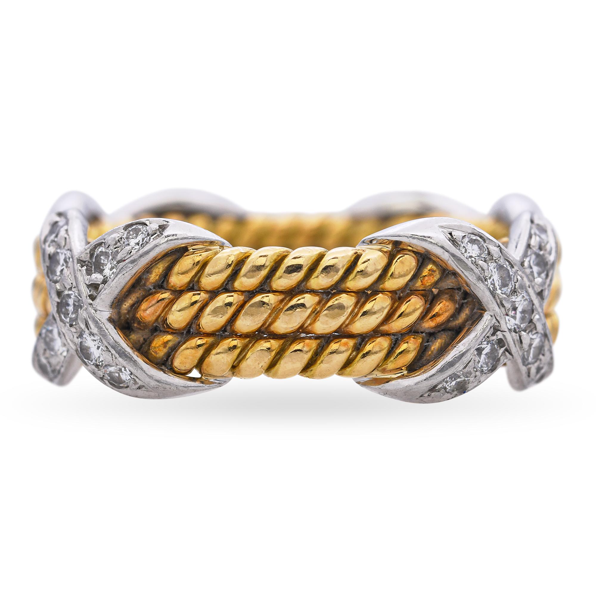 Tiffany & Co. Anello a tre file X con diamanti in oro platino 18 carati Schlumberger in vendita 1