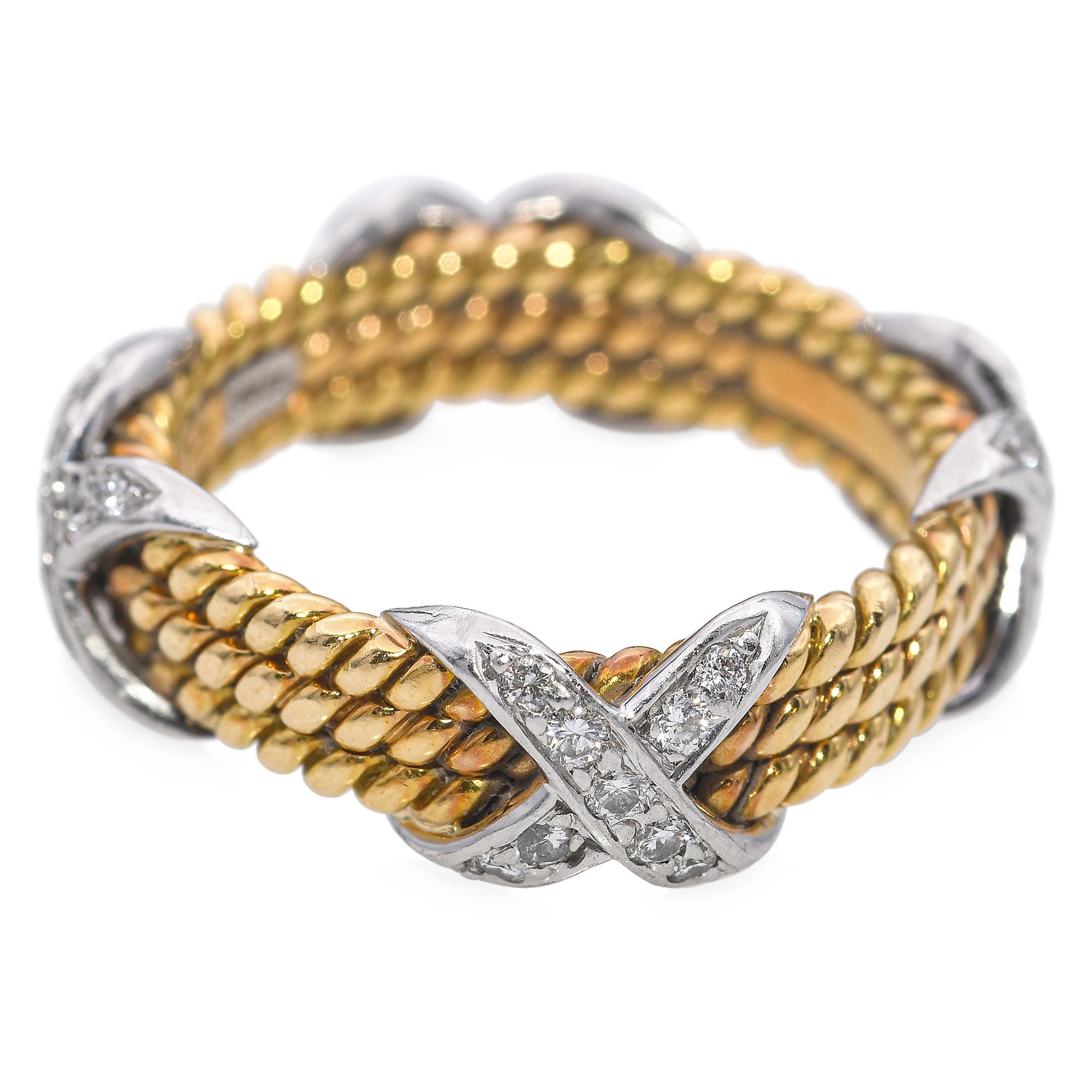 Donna Tiffany & Co. Anello a tre file X con diamanti in oro platino 18 carati Schlumberger in vendita