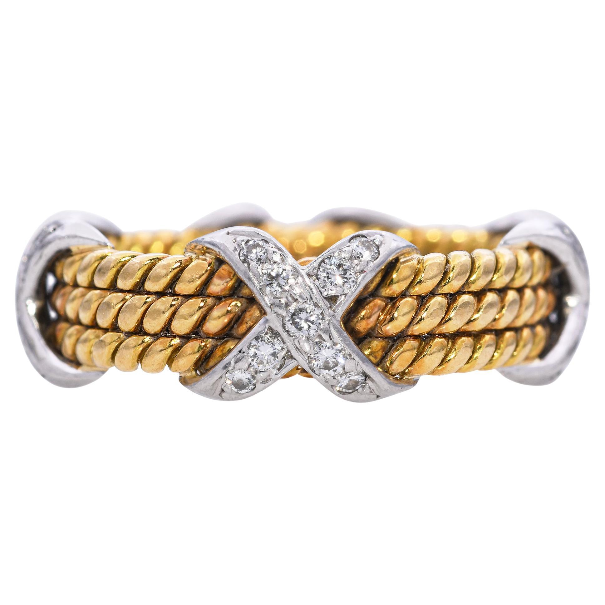 Tiffany & Co. Anillo Schlumberger de oro de 18 quilates, platino y diamantes con cuerda de tres filas en X