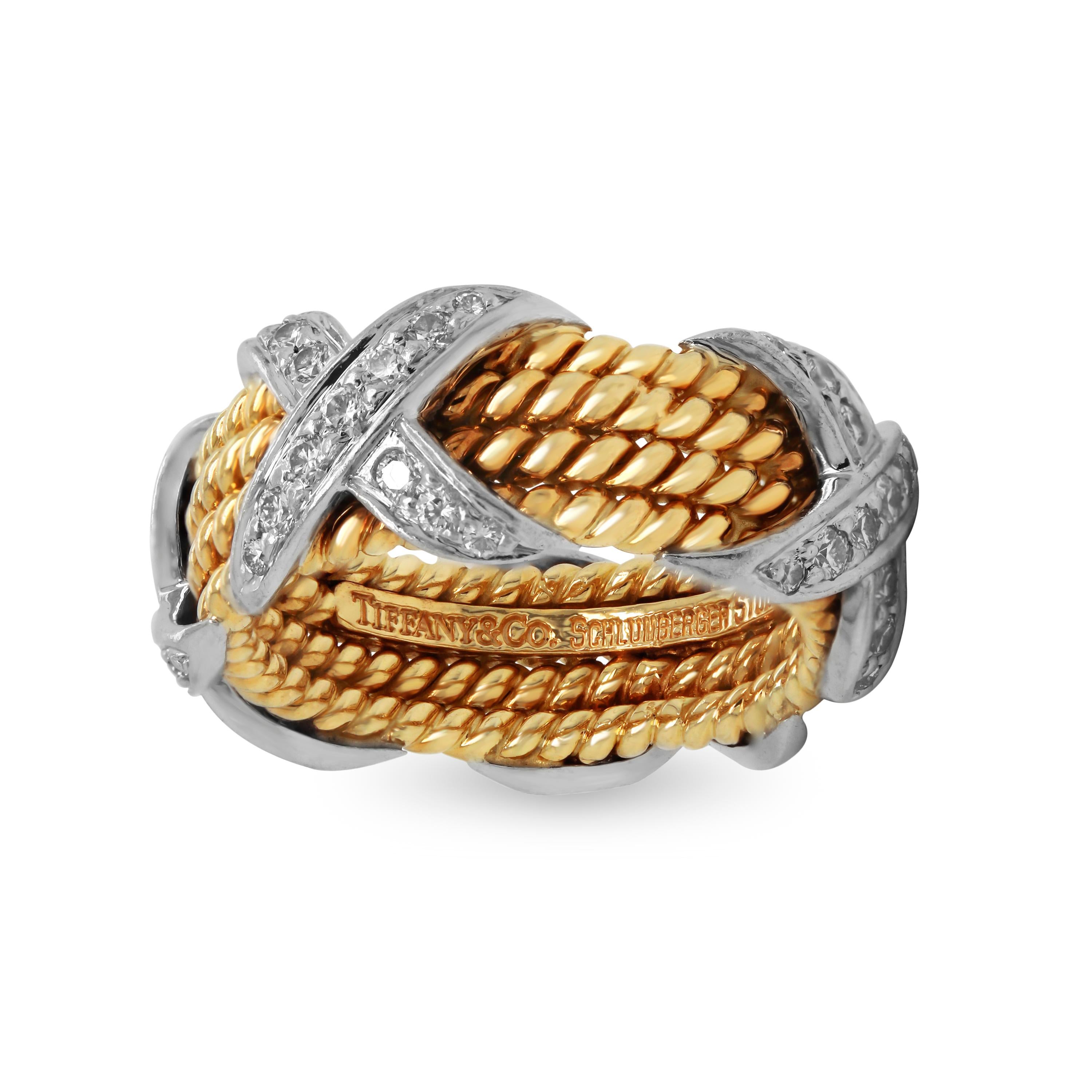 Contemporary Tiffany & Co. Schlumberger 18 Karat Gold Platinum Diamonds Rope Four-Row X Ring