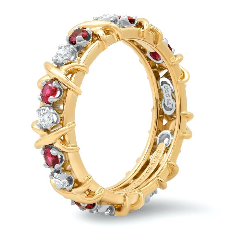 Round Cut TIFFANY & Co. Schlumberger 18K Gold Eighteen Stone Diamond Ruby X Ring 9.5