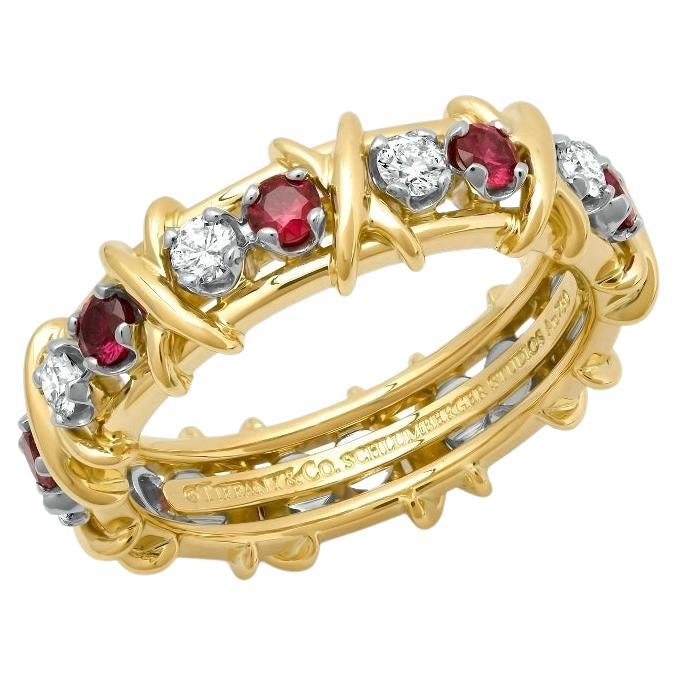 TIFFANY & Co. Schlumberger 18K Gold Sixteen Stone Diamond Ruby X Ring 9.5