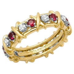 TIFFANY & Co. Schlumberger 18K Gold Eighteen Stone Diamond Ruby X Ring 9.5